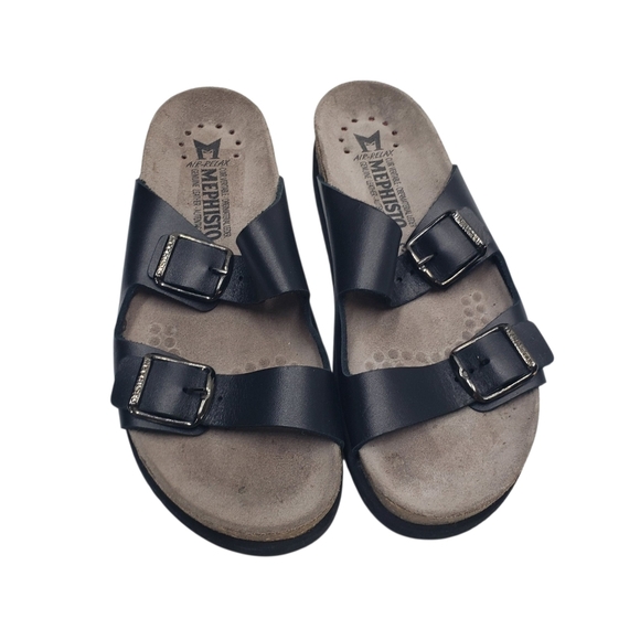 Mephisto Black Leather Two Strap Sandals Adjustable Buckles Cork Footbed Size 37 - Picture 16 of 16